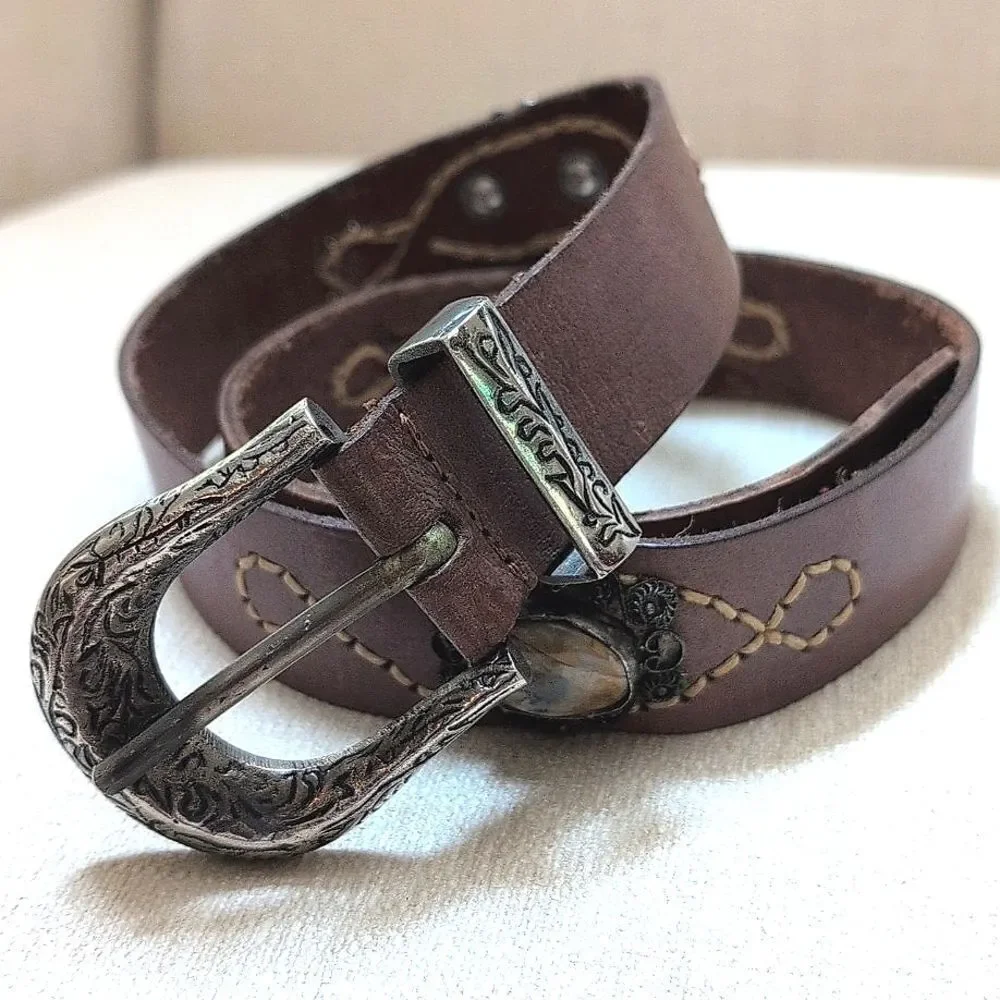 Brown Leather Belt with Cabachon Stone Medallions & Silver Scroll Work Buckle